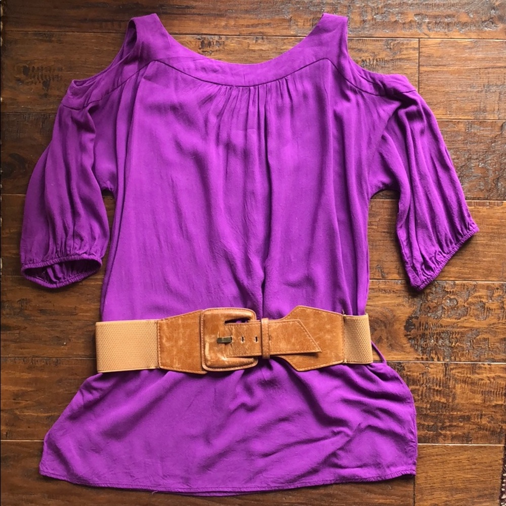 Purple belted cold-shoulder blouse